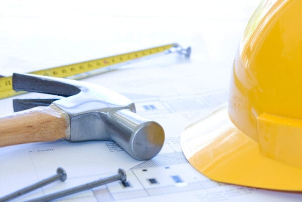 Detail of building tools and hard hat